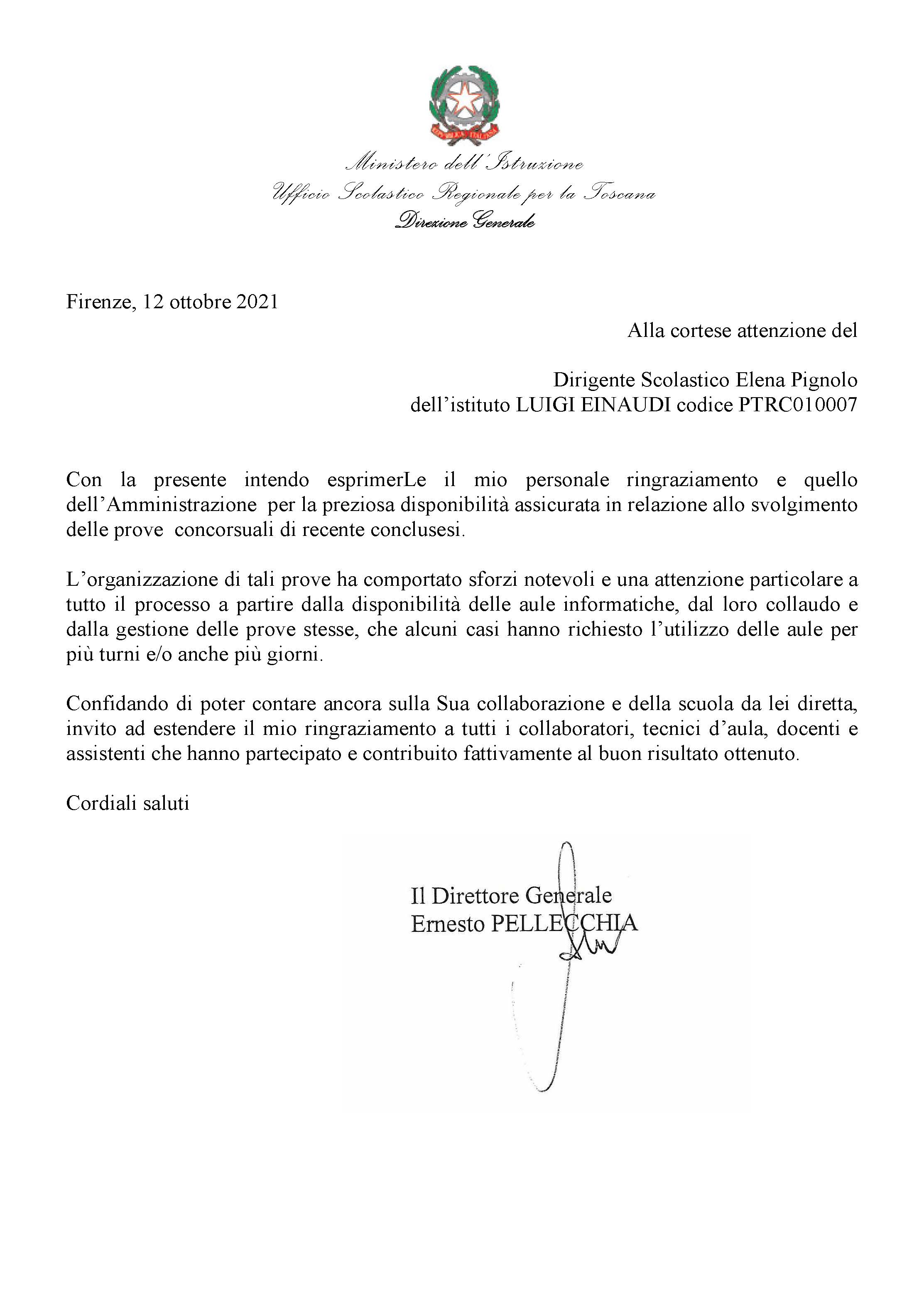 Lettera di ringraziamento del Direttore Generale Dott. Ernesto Pellecchia